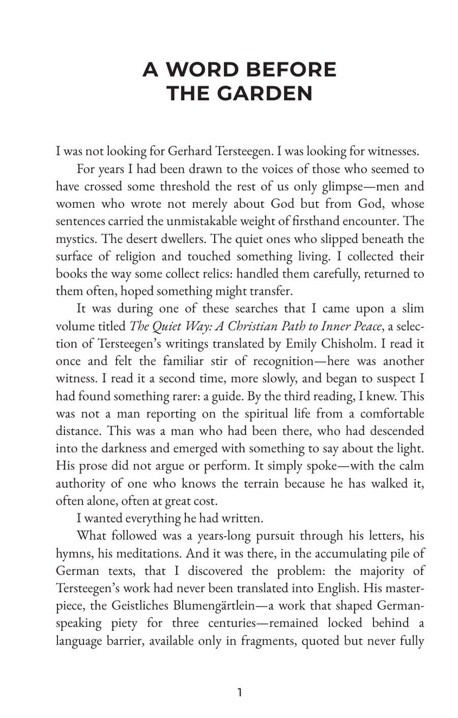 Page 1 of A Word Before the Garden (Volume I), as set in the printed book